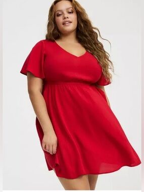Torrid Red V-Neck Flutter Sleeve Elastic Waist Mini Dress